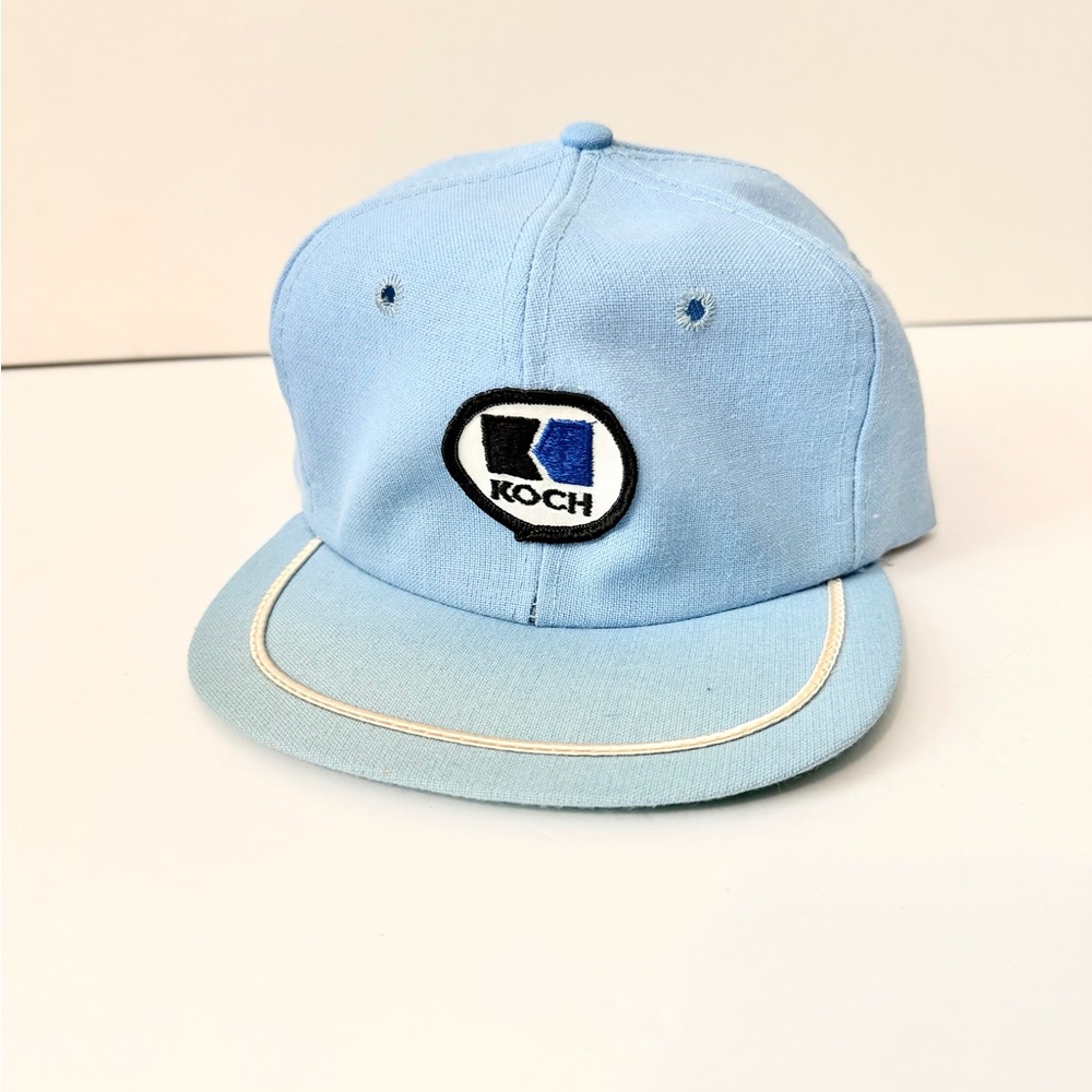 Vintage Koch Petroleum Leather Strap Back Hat Patch Made USA Derby Cap Blue